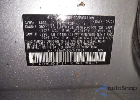 2021 Subaru Ascent Limited from USA, damaged, VIN 4S4WMALD2M3441034